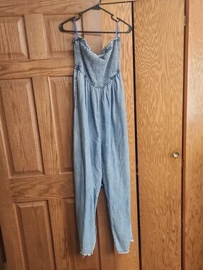 Light Wash Denim Jumpsuit with Smocked Bodice